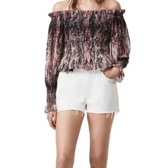 NWT All Saints Lara Smocked Off the Shoulder Top in Rainbow Pink, size 6 - Picture 2 of 10